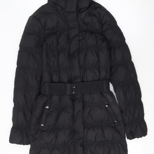 Mango Women's Black Long Puffer Coat S Hooded Belted Winter Jacket