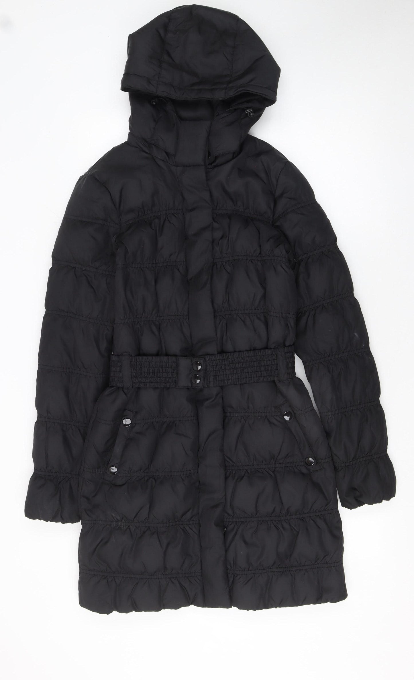 Mango Women's Black Long Puffer Coat S Hooded Belted Winter Jacket