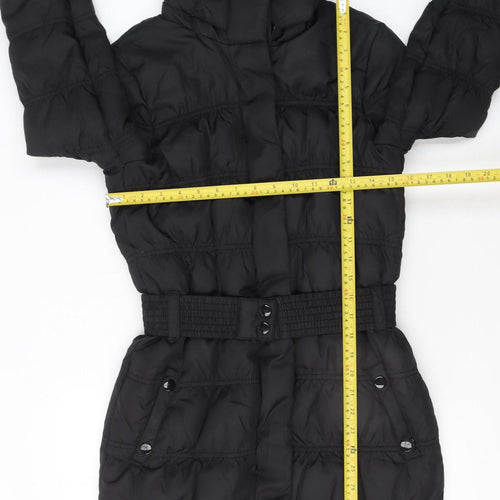 Mango Women's Black Long Puffer Coat S Hooded Belted Winter Jacket