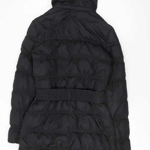 Mango Women's Black Long Puffer Coat S Hooded Belted Winter Jacket