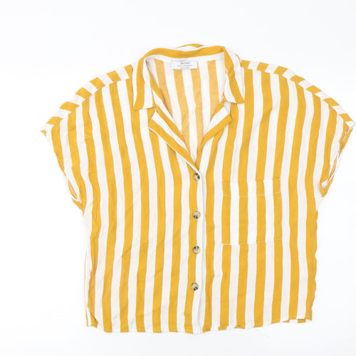 Bershka Women Yellow Striped Short Sleeve Button-Up Shirt M