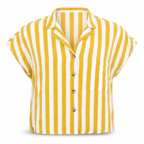 Bershka Women Yellow Striped Short Sleeve Button-Up Shirt M
