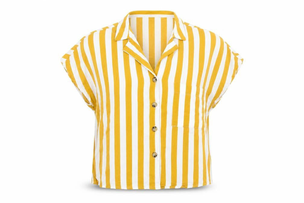 Bershka Women Yellow Striped Short Sleeve Button-Up Shirt M