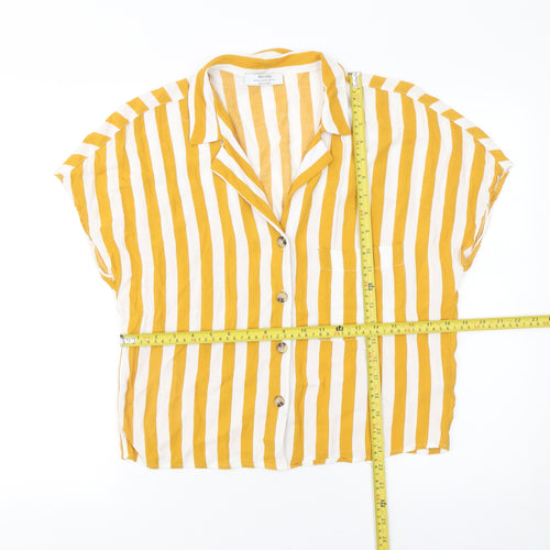 Bershka Women Yellow Striped Short Sleeve Button-Up Shirt M