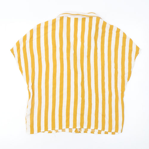 Bershka Women Yellow Striped Short Sleeve Button-Up Shirt M
