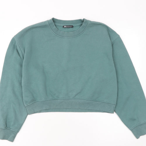 Zara Women Green Crew Neck Cropped Sweatshirt Size 12