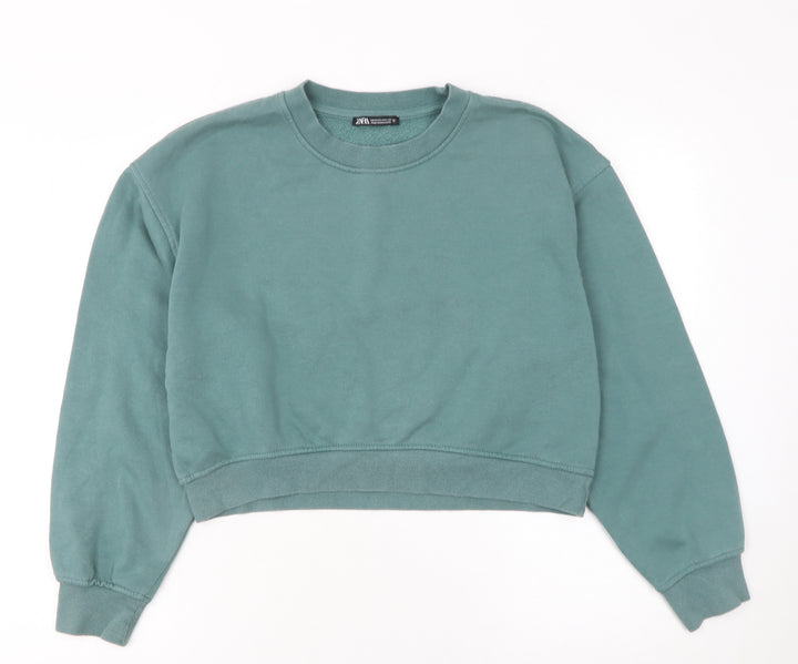 Zara Women Green Crew Neck Cropped Sweatshirt Size 12