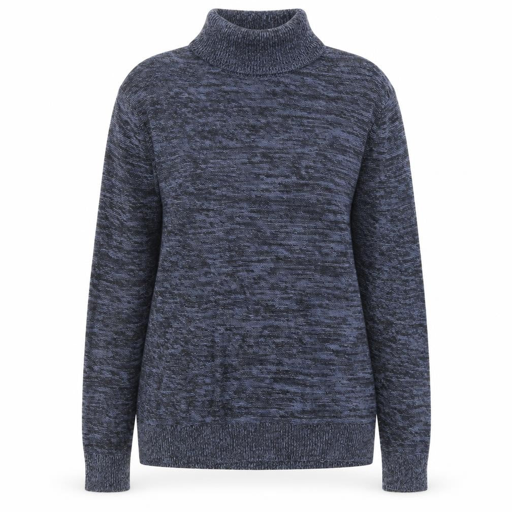 Front view of Rorie Whelan women’s blue roll neck cotton knit jumper, size M