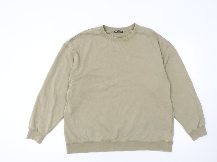 Zara Women Beige Cotton Crew Neck Pullover Sweatshirt Size S