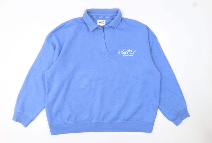 Next Women Blue Collared Pullover Sweatshirt Size L Cotton Blend