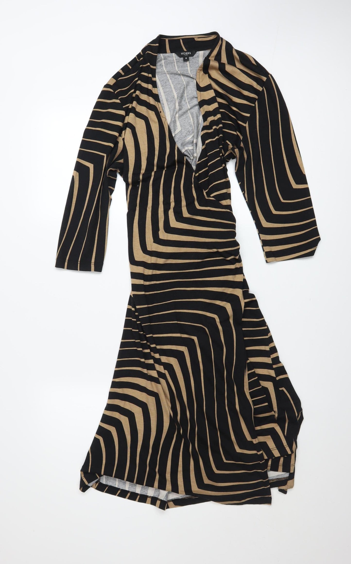 Hobbs Women’s Black Geometric Wrap Dress Size 14 Viscose 3/4 Sleeve