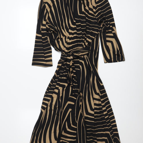 Hobbs Women’s Black Geometric Wrap Dress Size 14 Viscose 3/4 Sleeve