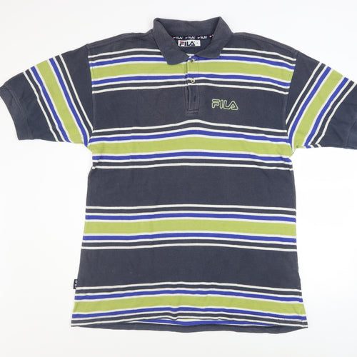 FILA Men's Blue Striped Cotton Retro Polo Shirt Size L