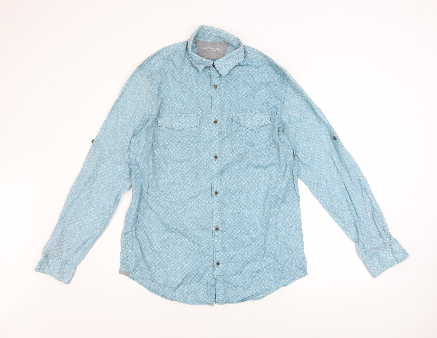 Calvin Klein Jeans Men’s Blue Floral Cotton Long Sleeve Button-Up Shirt Size S