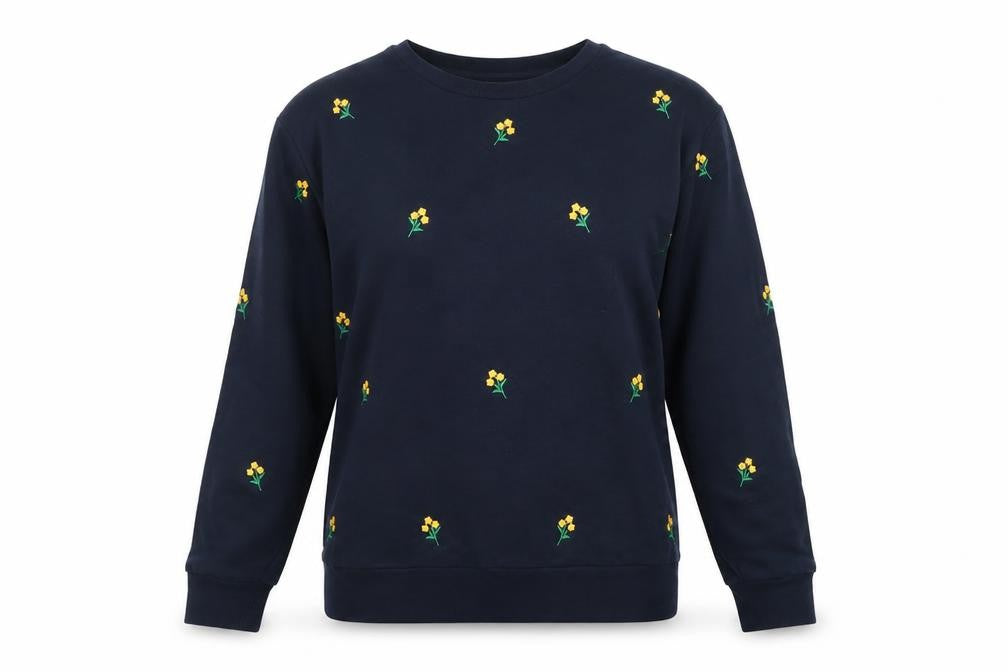 Front view of Mauvette Women's Navy Floral Embroidered Pullover Sweatshirt, size 8