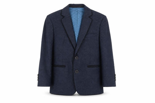 Front view of 1880 Club boys’ blue geometric blazer 5 years two-button formal jacket