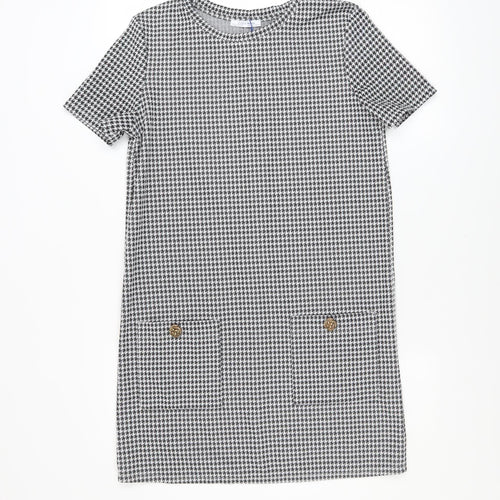 Zara Women Black Houndstooth Shift Dress Size 10 Short Sleeve Classic Style