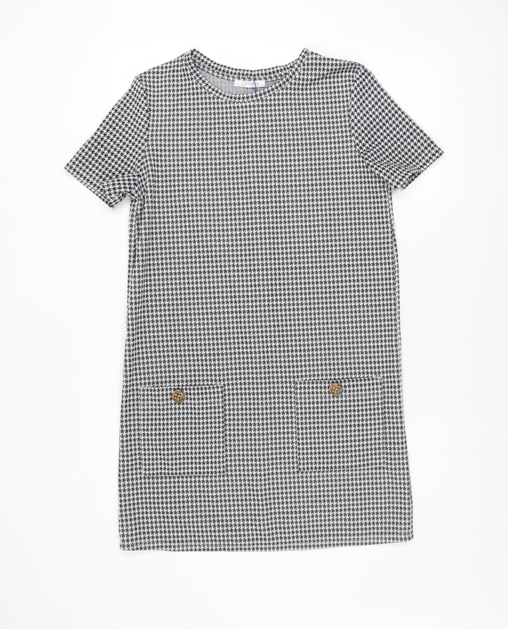 Zara Women Black Houndstooth Shift Dress Size 10 Short Sleeve Classic Style