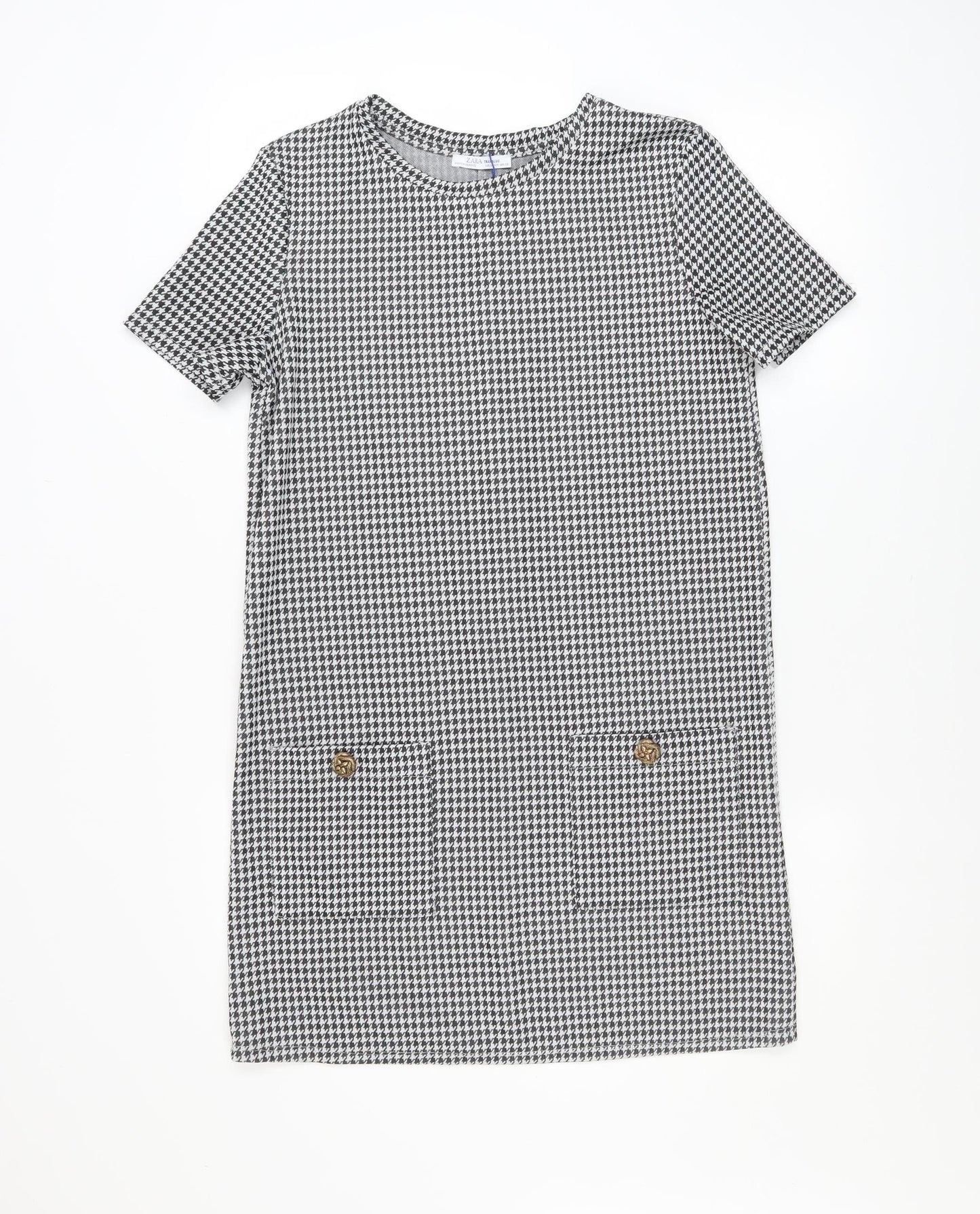 Zara Women Black Houndstooth Shift Dress Size 10 Short Sleeve Classic Style