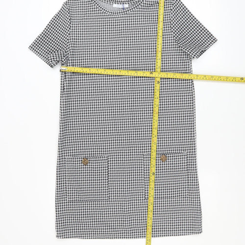 Zara Women Black Houndstooth Shift Dress Size 10 Short Sleeve Classic Style