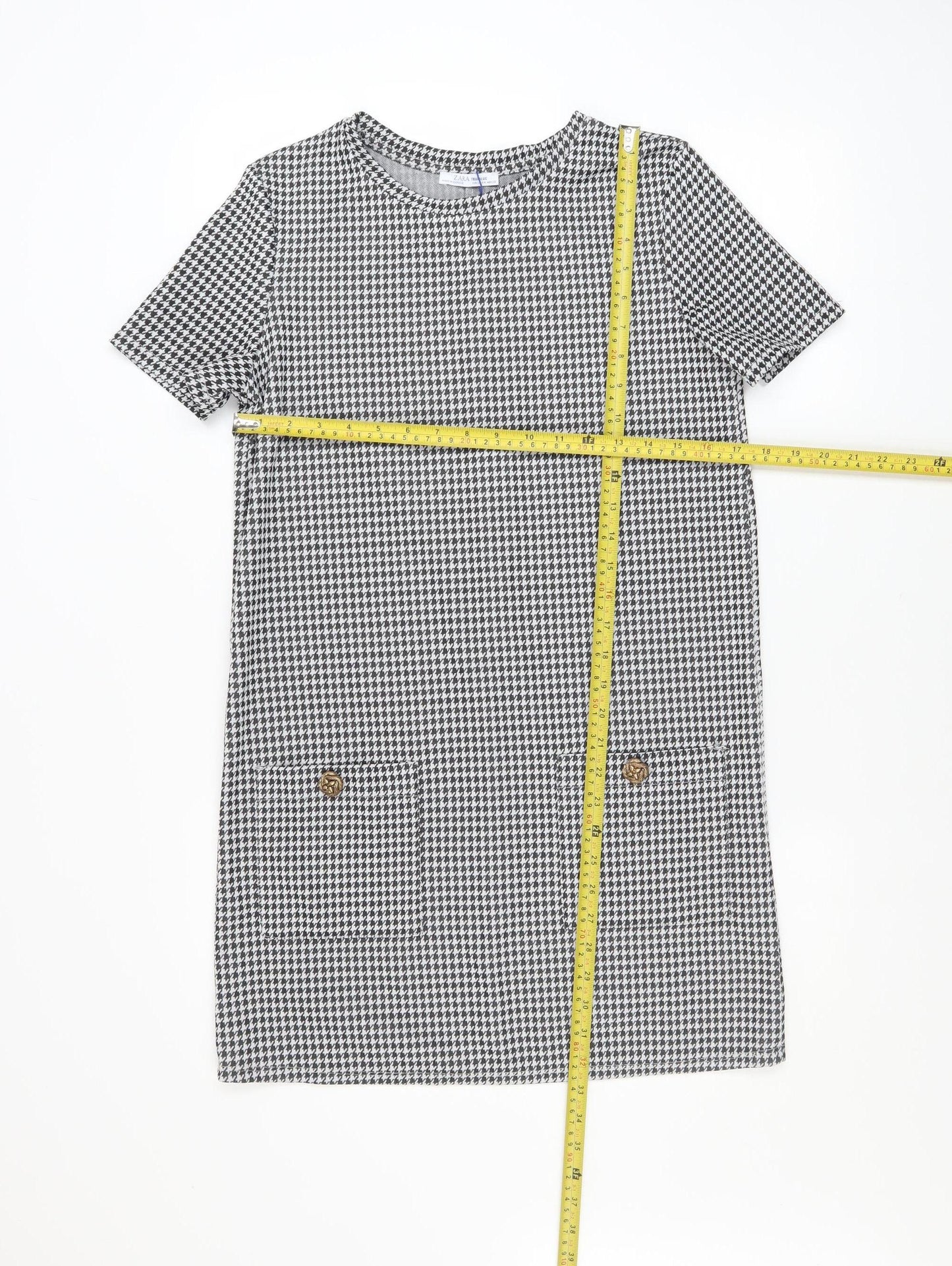 Zara Women Black Houndstooth Shift Dress Size 10 Short Sleeve Classic Style