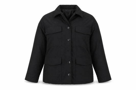 Front view of Collusion Women's Black Button Jacket, size 4, Polyester Lined Casual