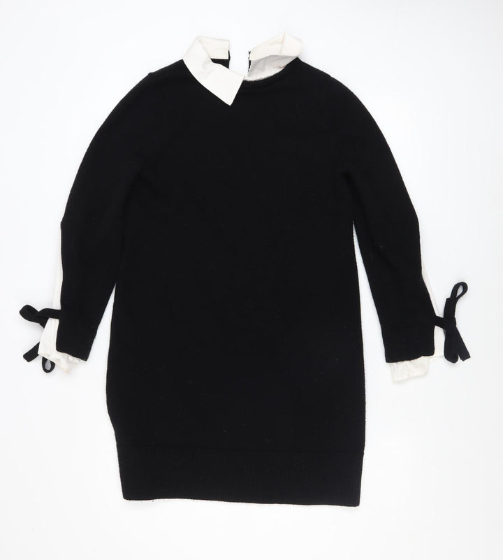 Mint Velvet Women Black XS Collared Shift Dress with Bow Sleeves