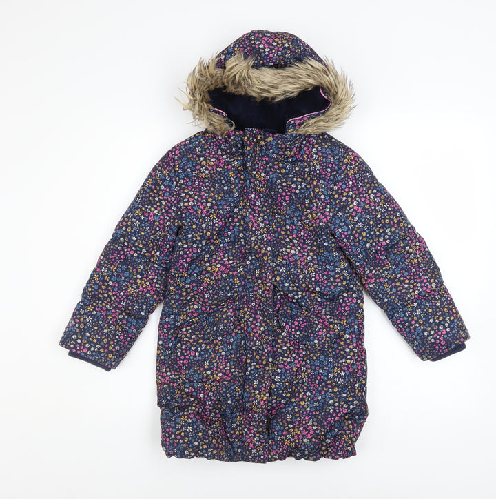 John Lewis Girls Multicoloured Floral Puffer Coat 7 Years Hooded Faux Fur Winter