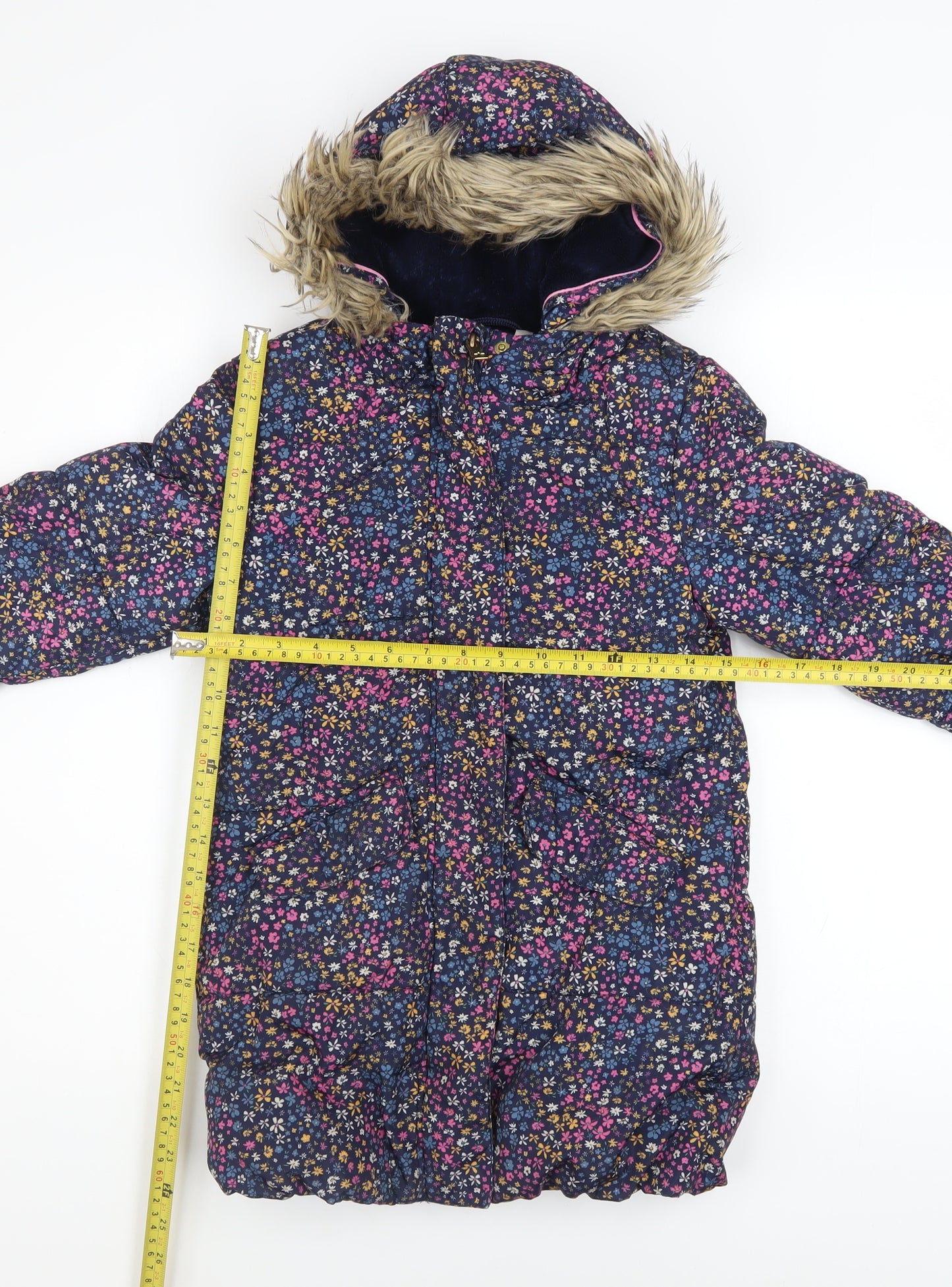 John Lewis Girls Multicoloured Floral Puffer Coat 7 Years Hooded Faux Fur Winter