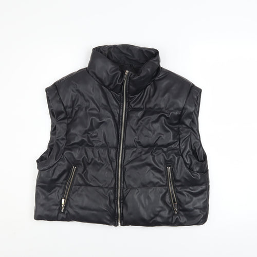 ZARA Women Black Faux Leather Puffer Waistcoat Size M Sleeveless Zip