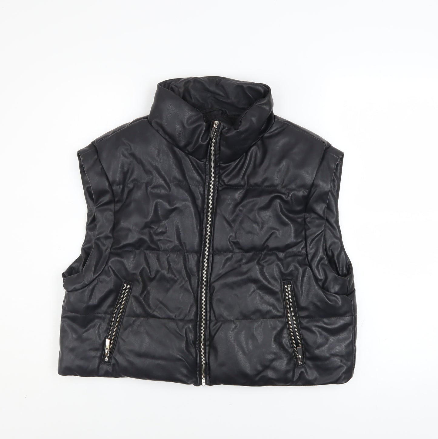 ZARA Women Black Faux Leather Puffer Waistcoat Size M Sleeveless Zip