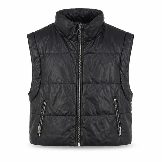 Front view of Zara Women Black Faux Leather Puffer Waistcoat, size M, Sleeveless Zip