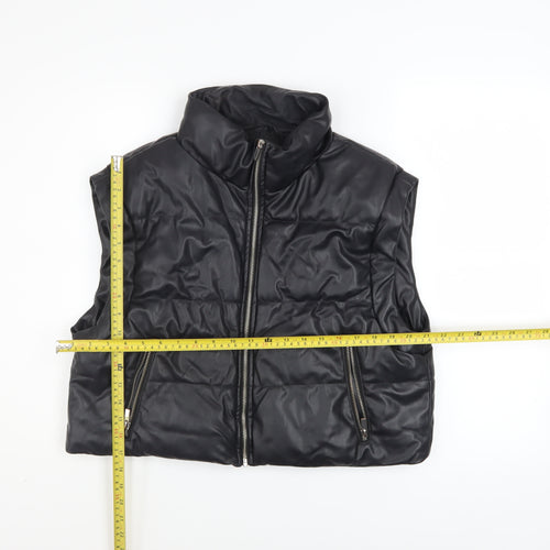 ZARA Women Black Faux Leather Puffer Waistcoat Size M Sleeveless Zip