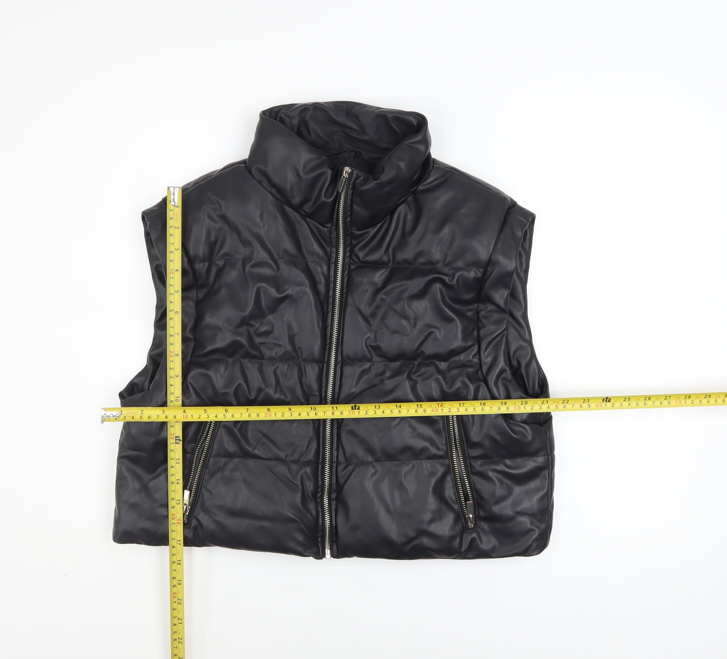 ZARA Women Black Faux Leather Puffer Waistcoat Size M Sleeveless Zip