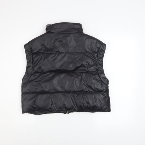ZARA Women Black Faux Leather Puffer Waistcoat Size M Sleeveless Zip