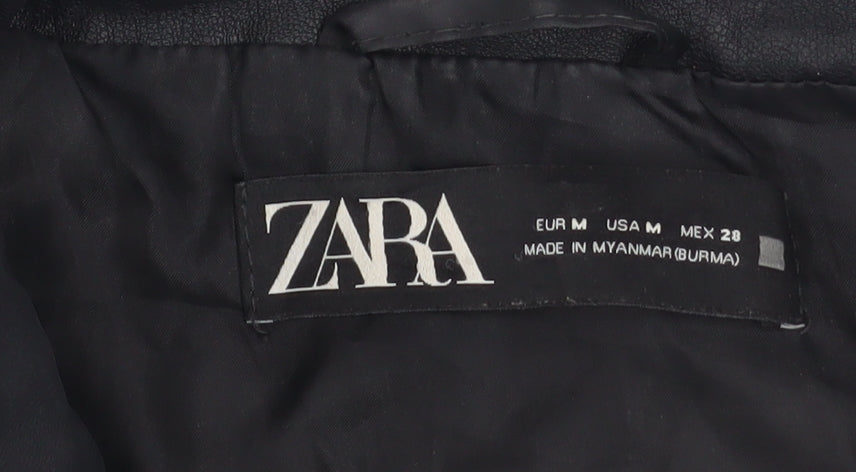 ZARA Women Black Faux Leather Puffer Waistcoat Size M Sleeveless Zip
