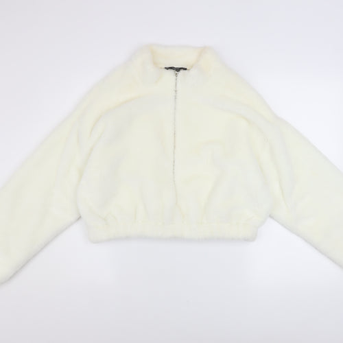 JF Lefon Women Ivory Faux Fur Cropped Zip Jacket Size 14