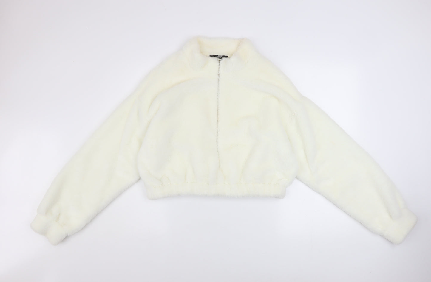 JF Lefon Women Ivory Faux Fur Cropped Zip Jacket Size 14