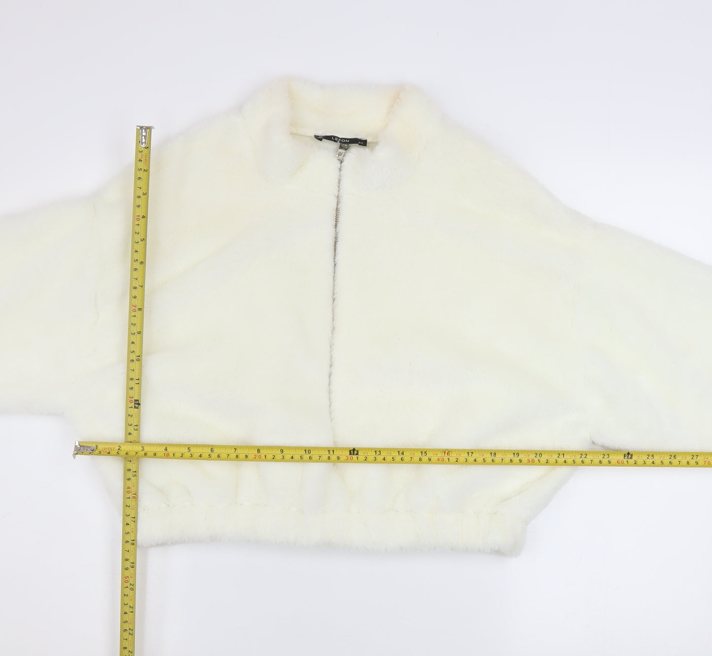 JF Lefon Women Ivory Faux Fur Cropped Zip Jacket Size 14