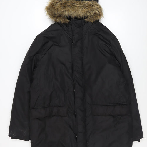 French Connection Men's Black L Hooded Fur Trim Winter Parka Coat