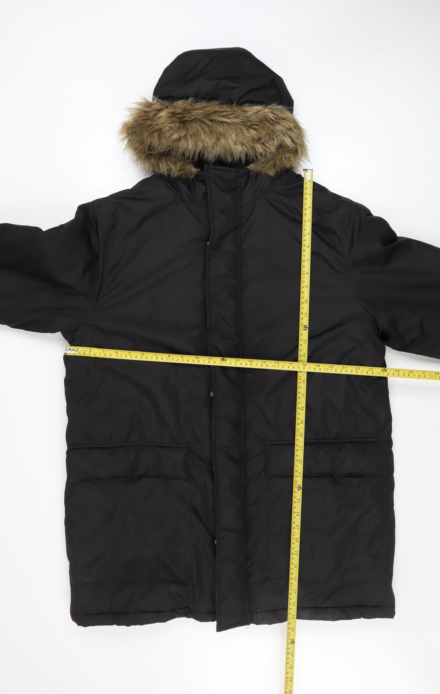 French Connection Men's Black L Hooded Fur Trim Winter Parka Coat