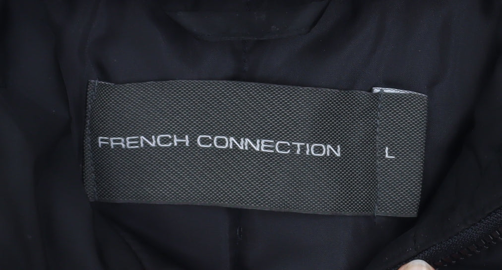 French Connection Men's Black L Hooded Fur Trim Winter Parka Coat