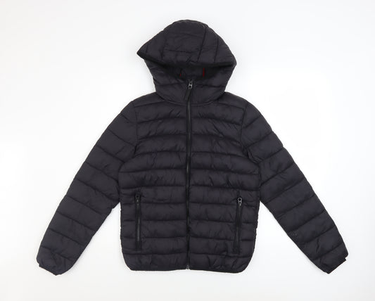 Next Boys Black Hooded Puffer Jacket 12 Years Full Zip Lightweight Winter Coat