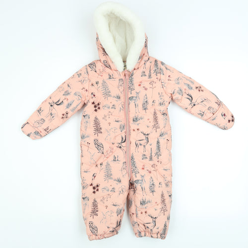 Mantaray Pink Woodland Animal Print Baby Snowsuit 9-12 Months Hooded Winter