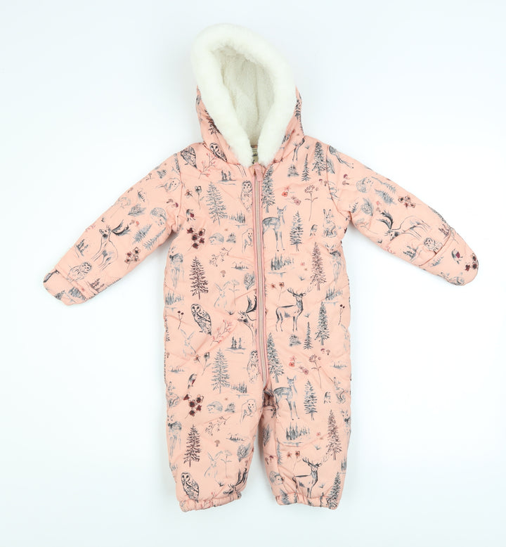 Mantaray Pink Woodland Animal Print Baby Snowsuit 9-12 Months Hooded Winter
