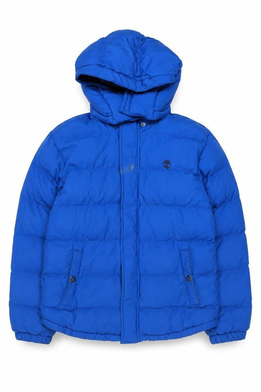 Front view of Timberland boys’ blue hooded puffer jacket 14 years winter coat