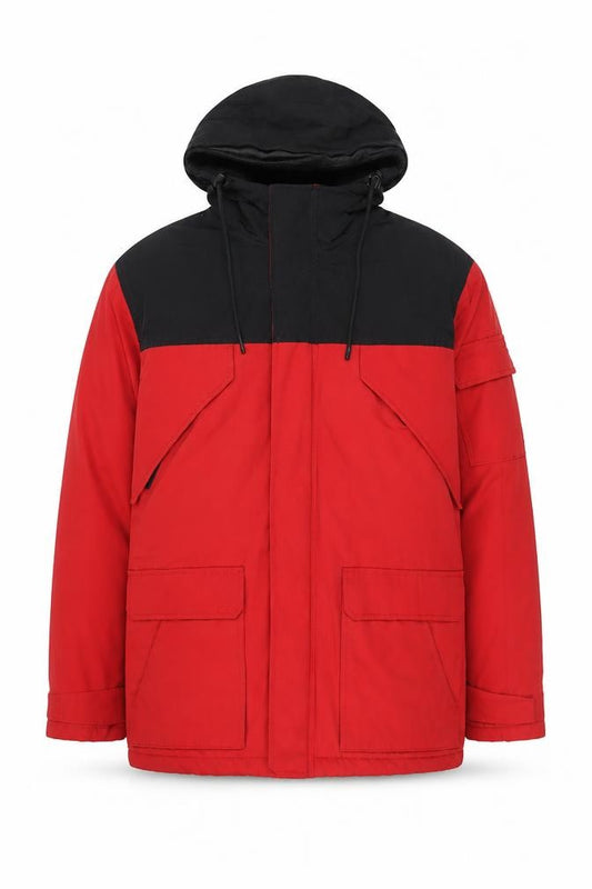 Front view of H&M L.O.G.G Men’s Red Black Hooded Parka Jacket, size M
