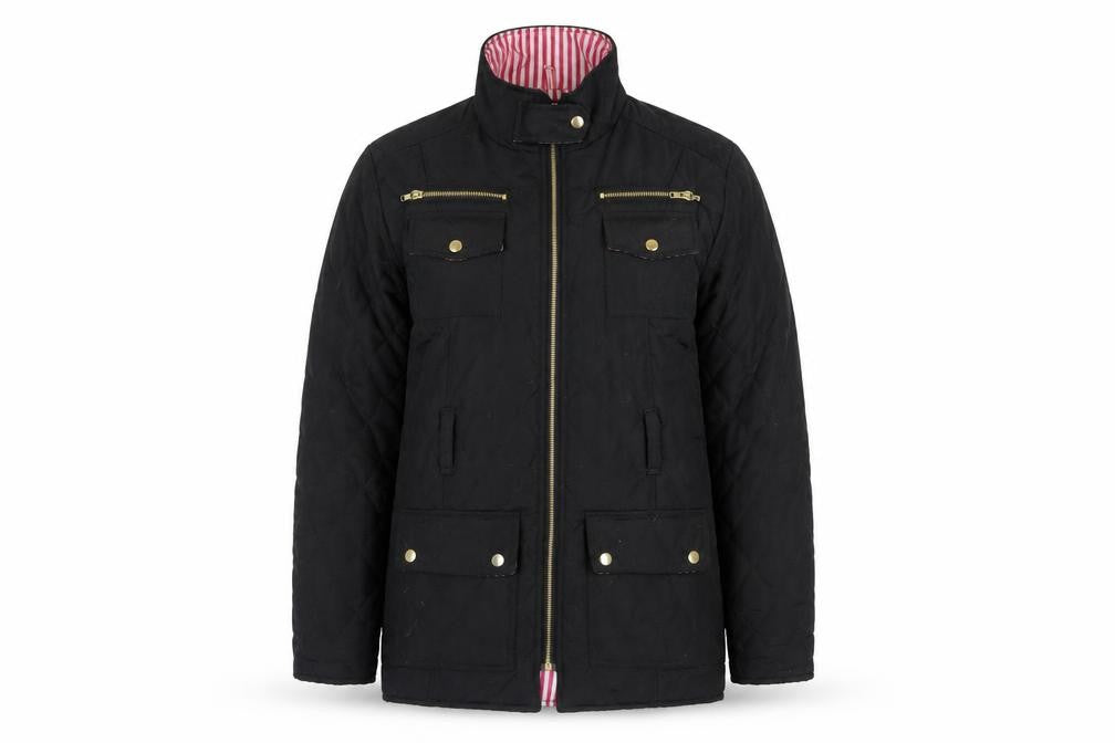 Front view of Urban Diva Women's Black Quilted Mid-Length Jacket L