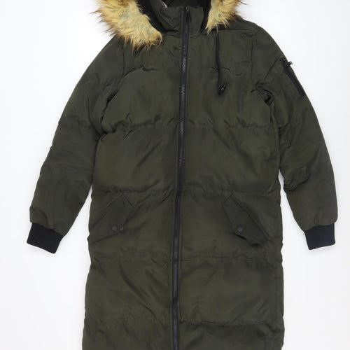 Brave Soul Womens Green Long Puffer Coat Hooded Faux Fur Size 8