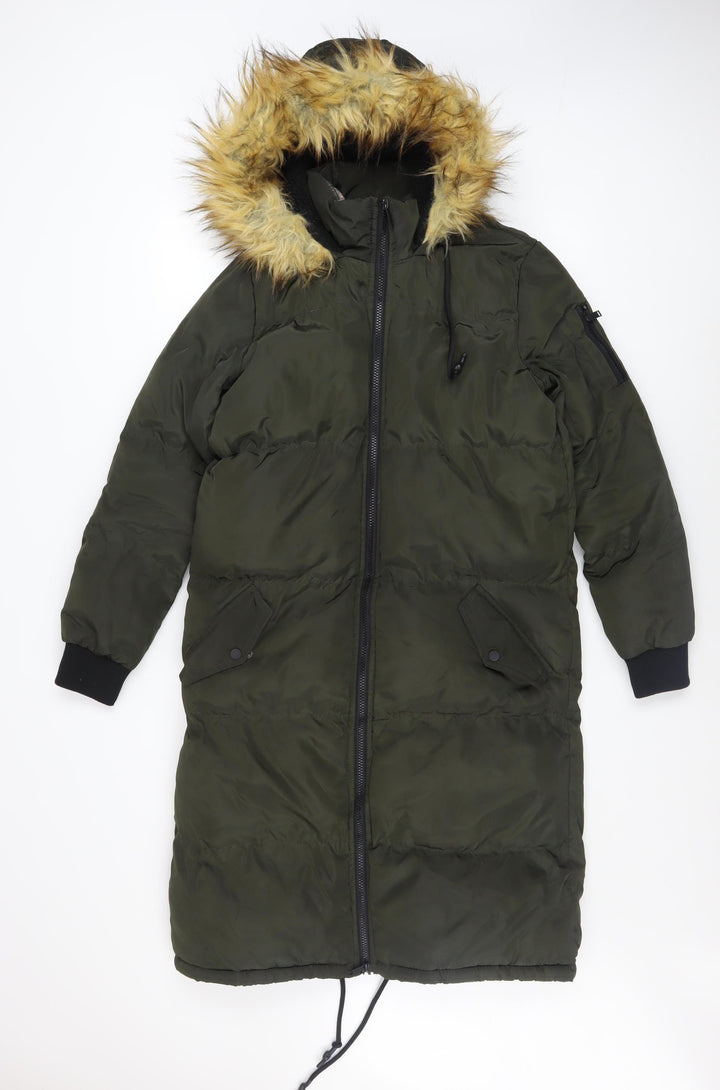 Brave Soul Womens Green Long Puffer Coat Hooded Faux Fur Size 8